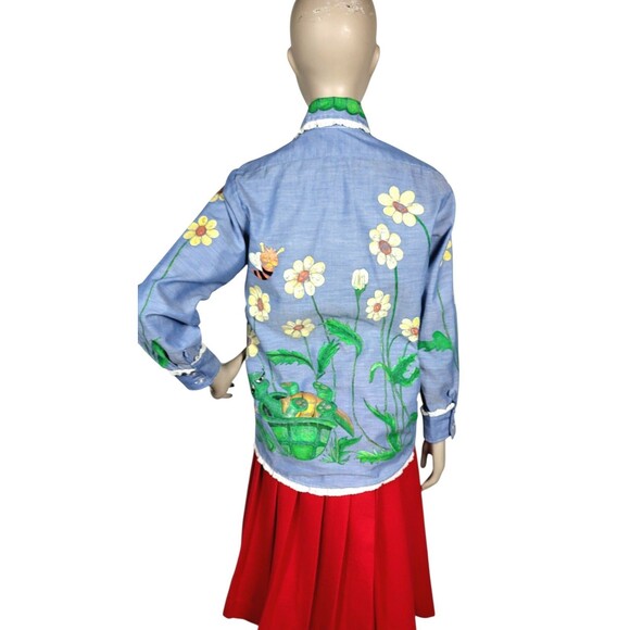 VTG 70s Artsy Hand Painted Eyelet Lace Trim Frog Turtle Ladybug Bee Flowers Top - Picture 8 of 16